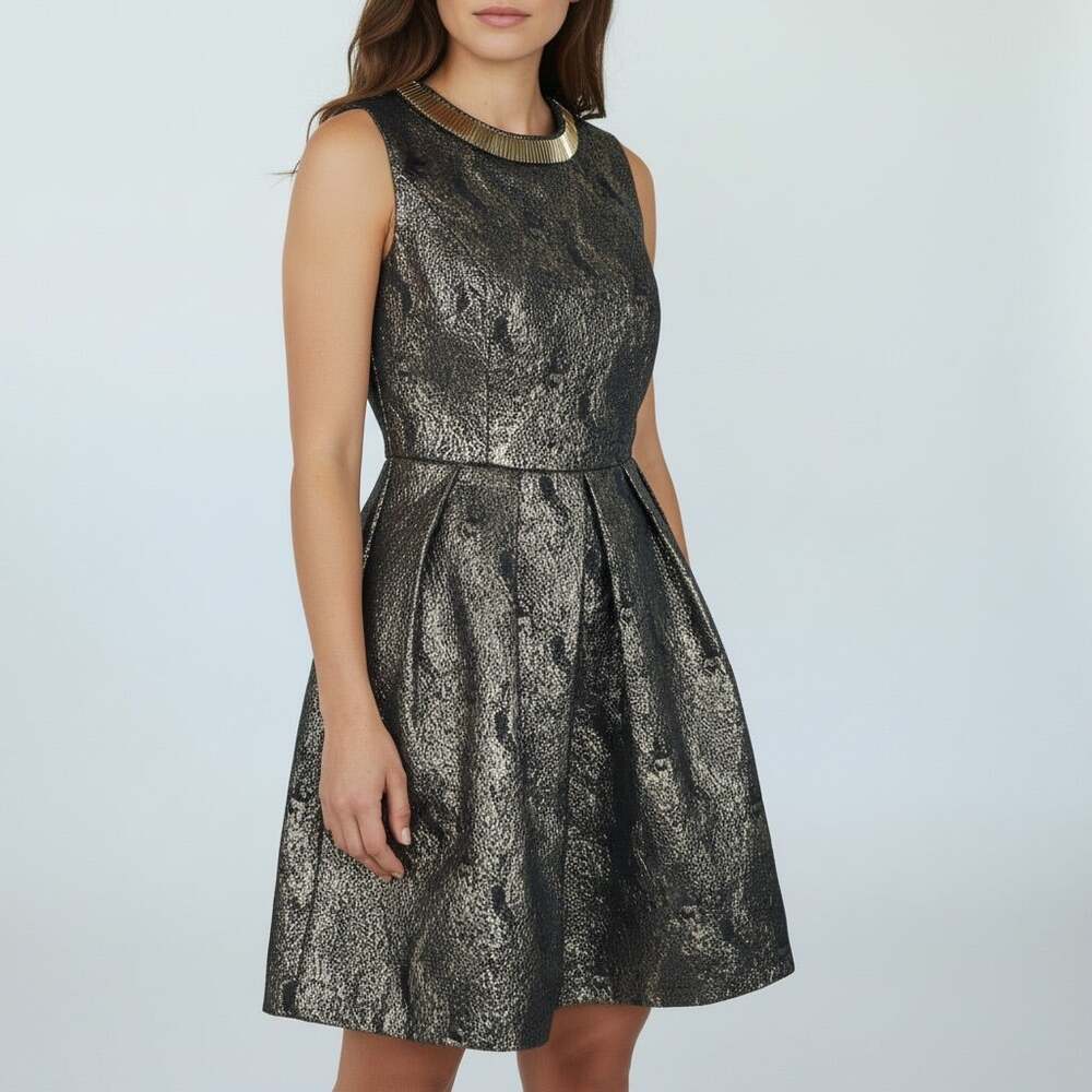 Romeo & Juliet Couture Gold Black Mini Skater Dress Size Small Party Cocktail